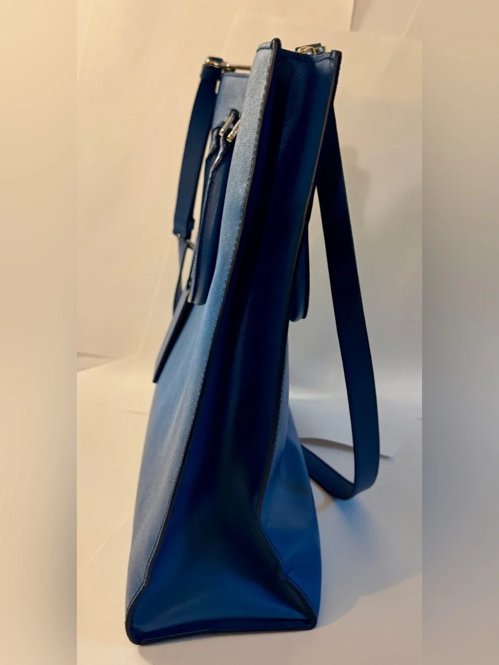 Prada Blue Leather Saffiano Structured Shoulder Tote